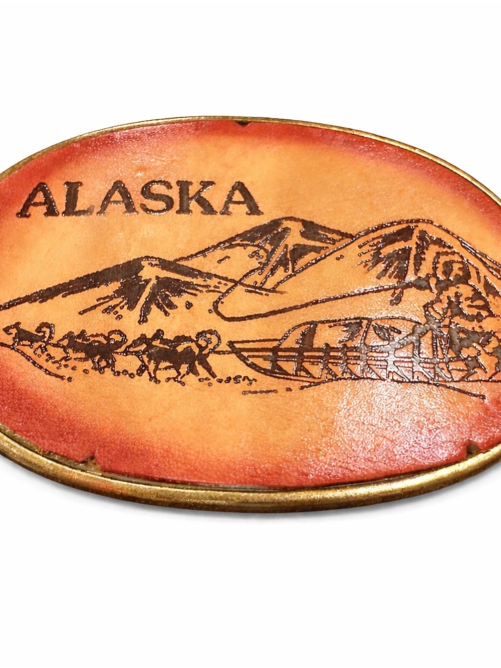 Alaska Leather Mountain Dog Sledding - Orange/Brown leather Belt Buckle